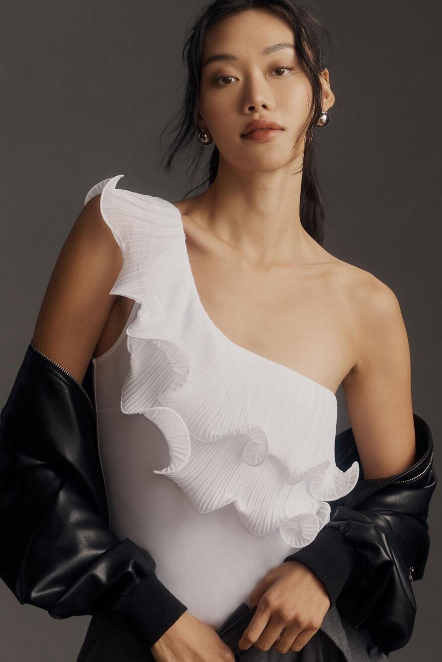 NWT Anthropologie Pleated White Ruffle Bodysuit - Size Medium
